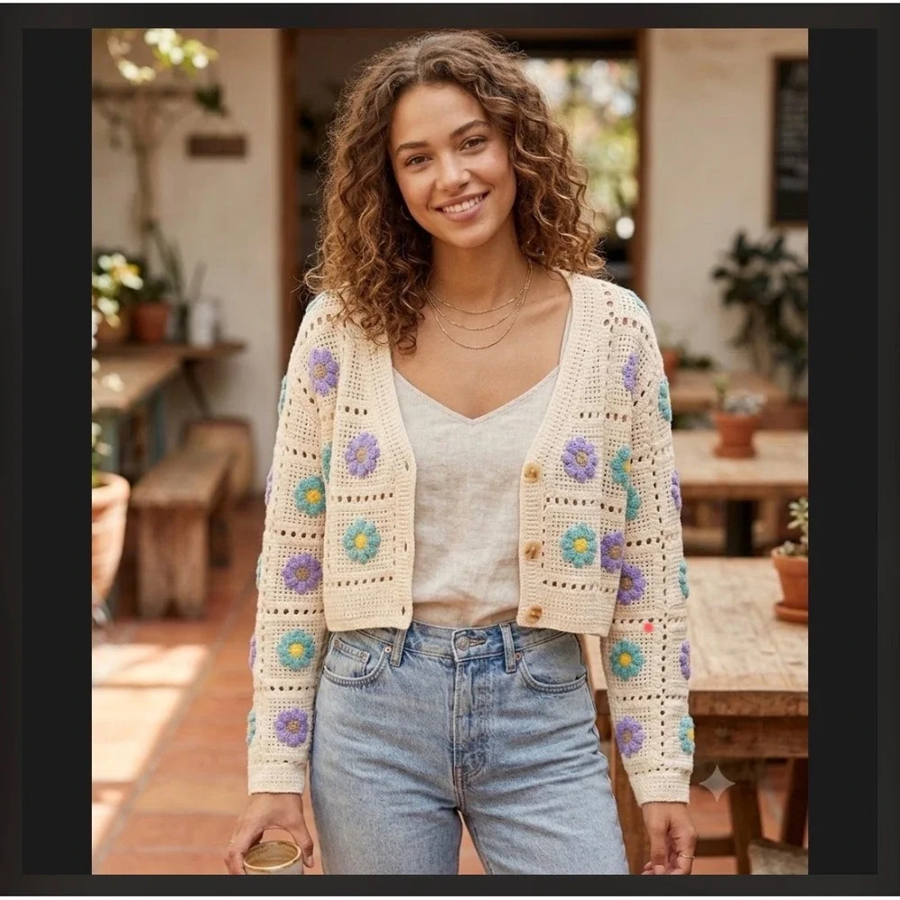 SO Goods For Life Floral Crochet Cardigan Sweater Cream Purple Teal Womens Small